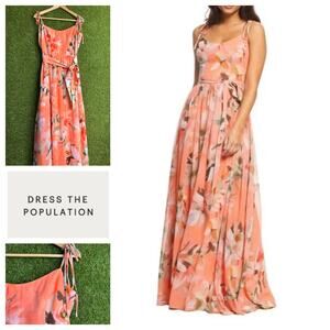 NWT Dress The Population Hollie Coral Pink Watercolor Floral Maxi Dress Size M‎